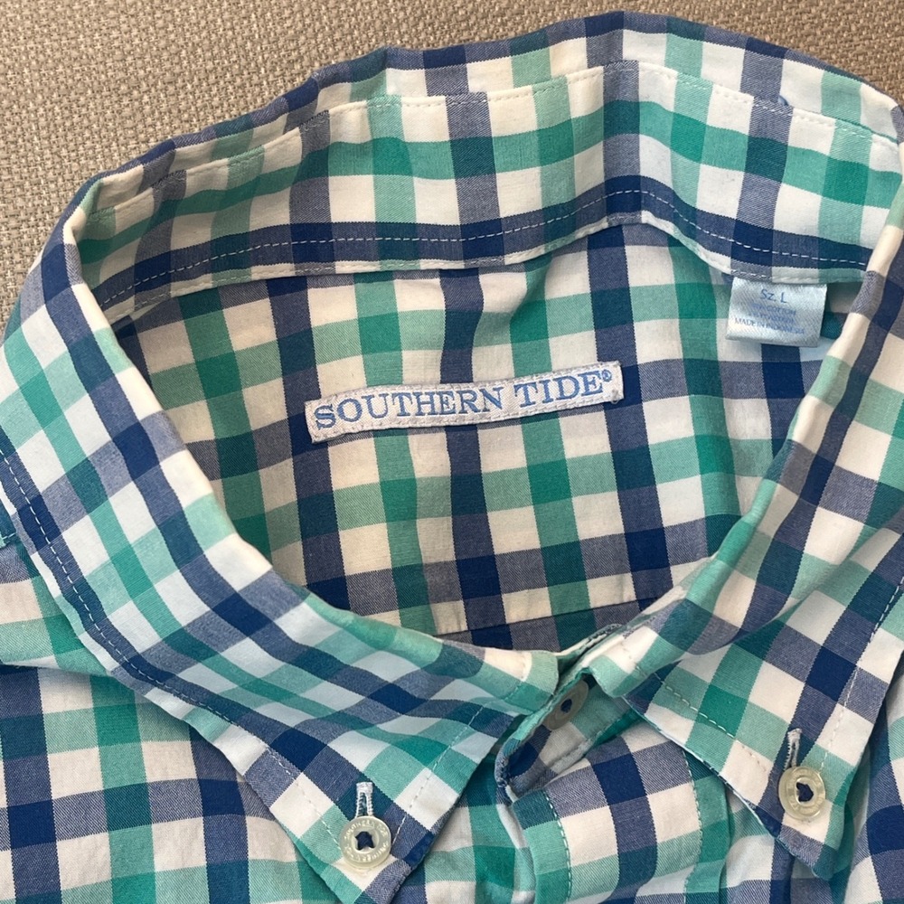 Southern Tide Button Down Shirt Men Large Blue Teal Gingham Long Sleeve Stretch - Picture 4 of 8